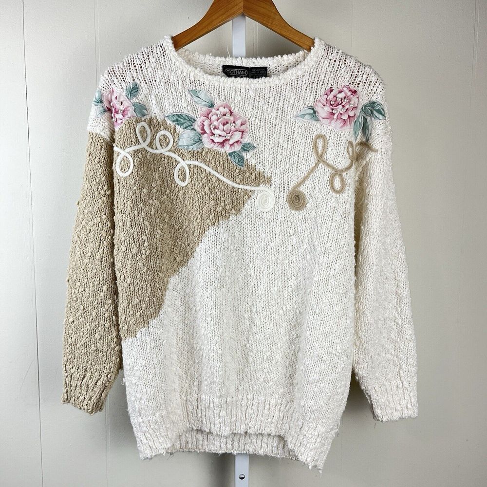 Vintage Gotham Womens Sweater Medium Marled Color Block Rose Applique Beaded